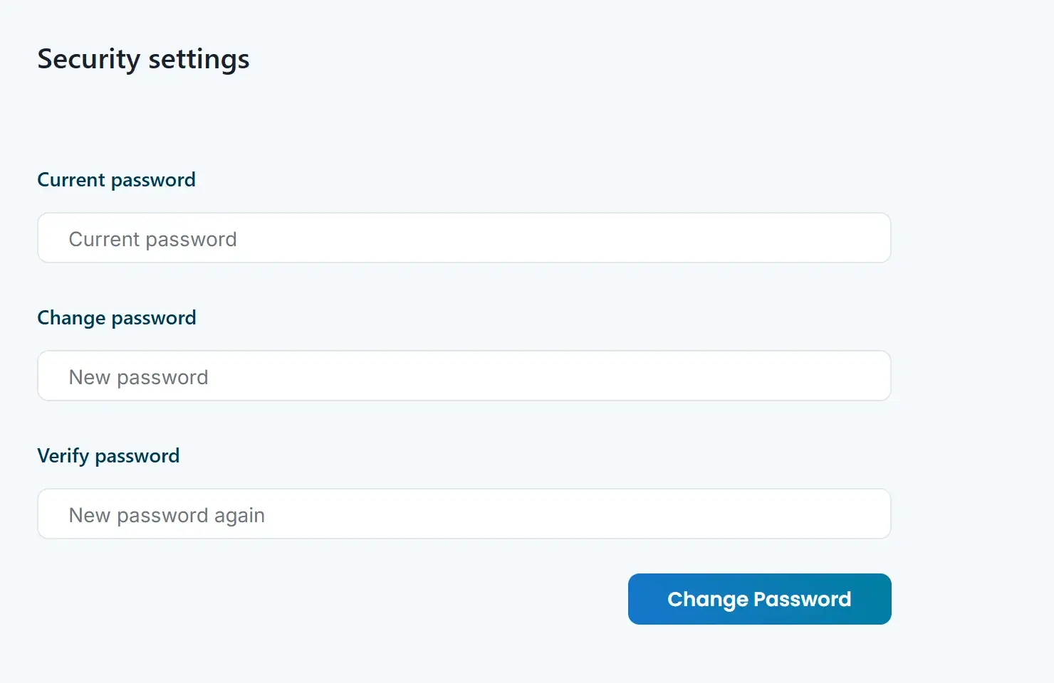 The Security settings page with Current password, Change password, Verify password and the Change Password button