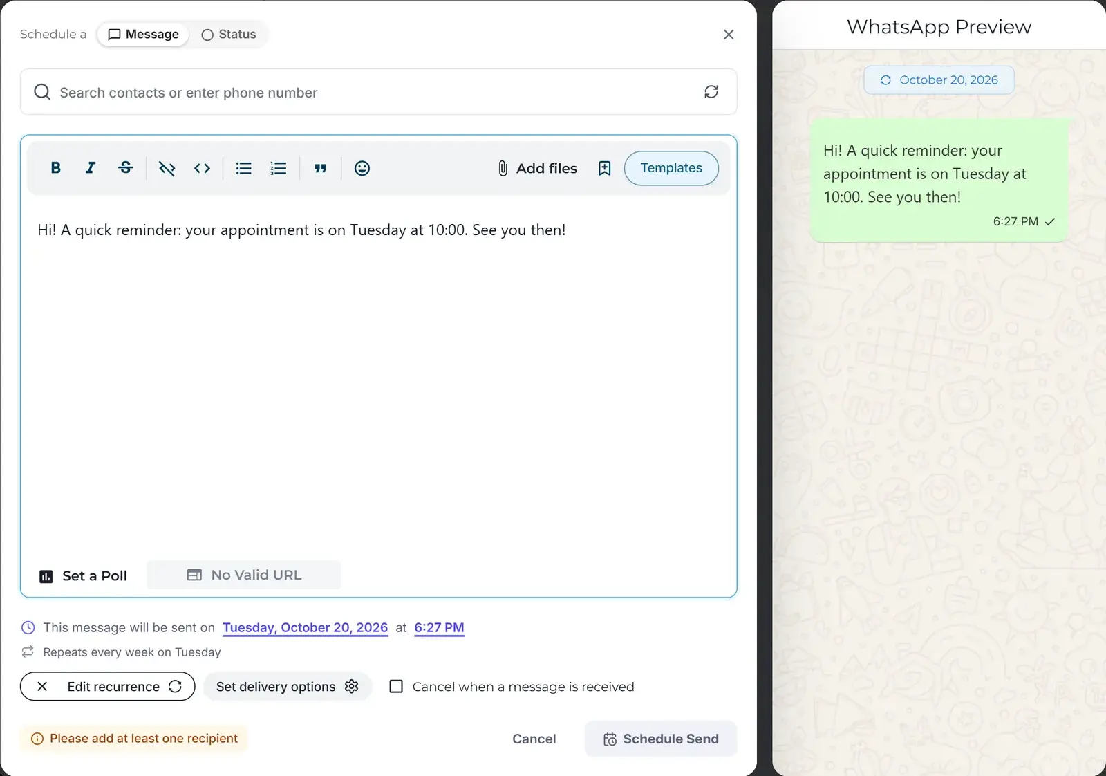 The New message dialog with a message, the send date, the repeat summary and Schedule Send, next to the WhatsApp Preview