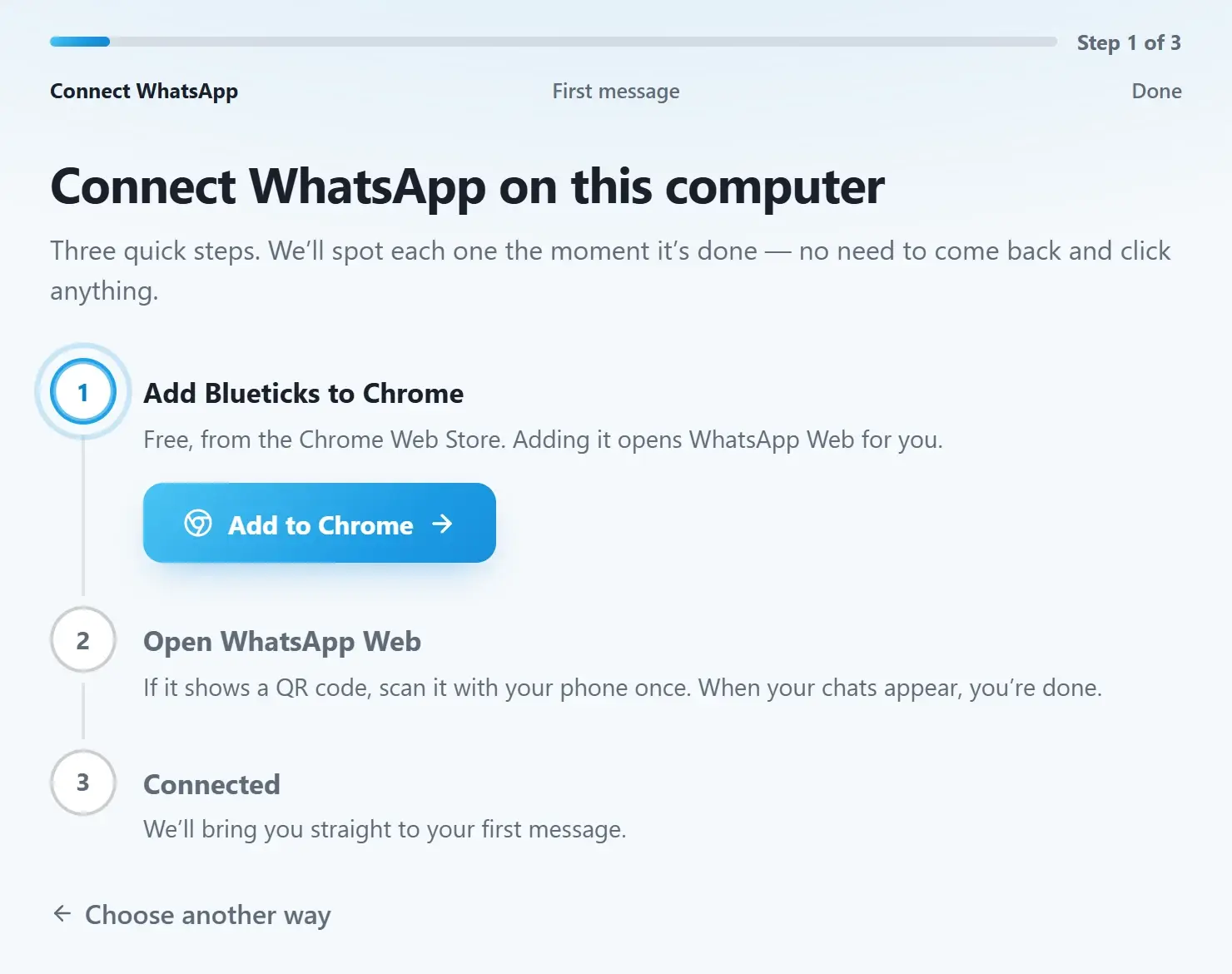 The "Connect WhatsApp on this computer" setup screen with three steps: Add Blueticks to Chrome, Open WhatsApp Web, and Connected