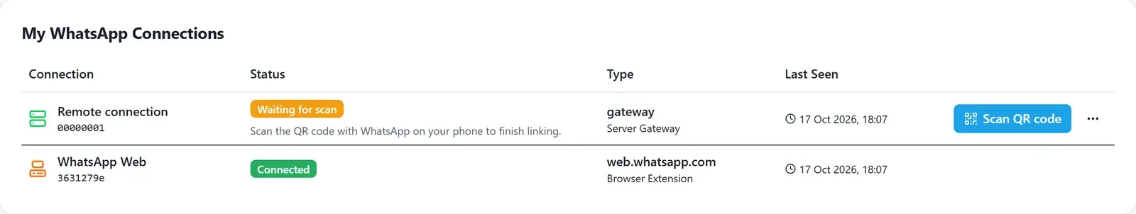 The My WhatsApp Connections list with a Remote connection waiting for a scan and a connected WhatsApp Web connection