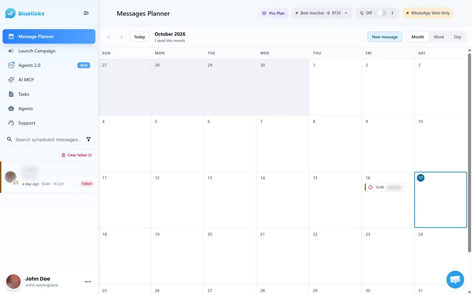 The Message Planner month view with Today, New message and the Month, Week and Day buttons