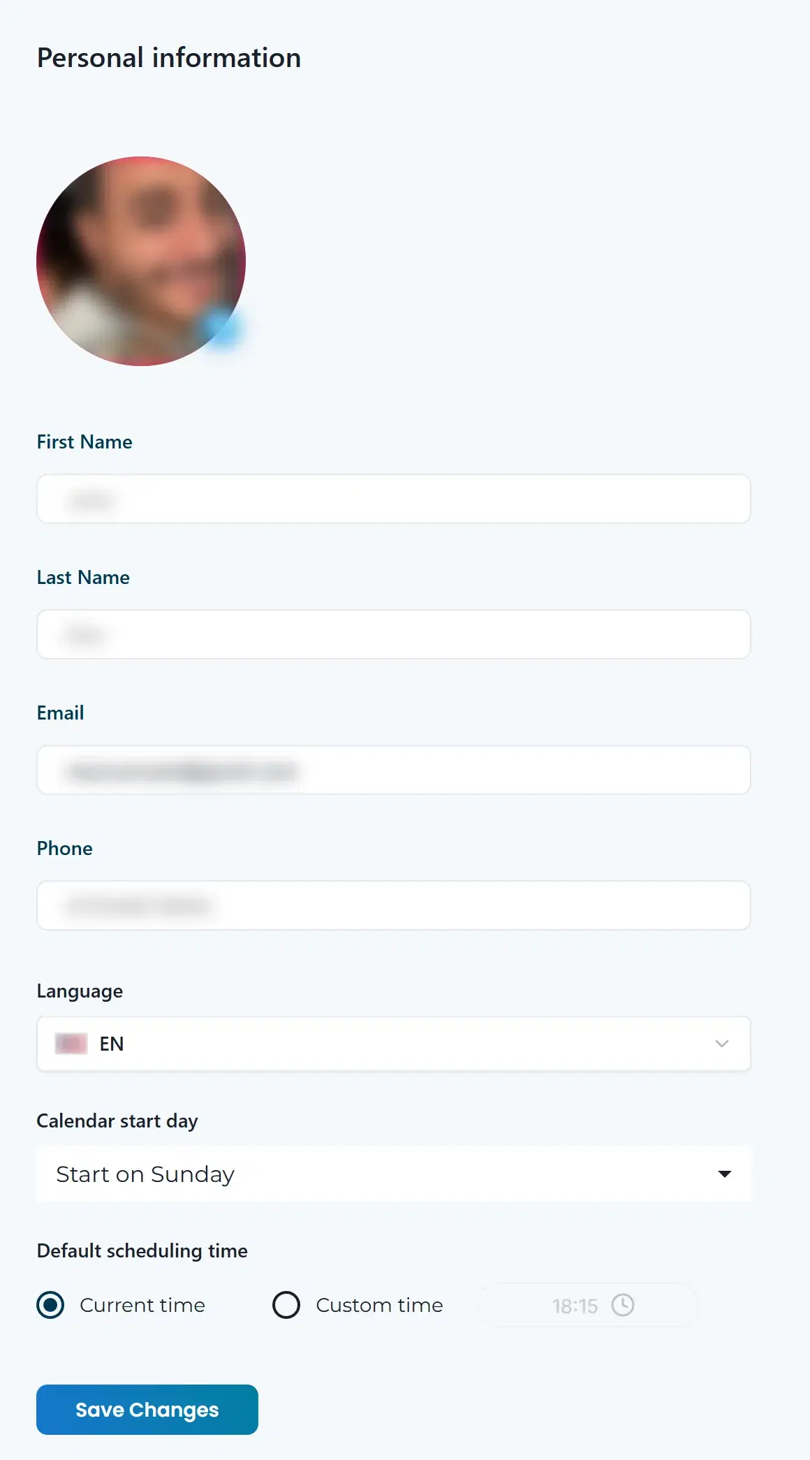 The Personal information page with the photo, name, email and phone fields, Language, Calendar start day, Default scheduling time, Save Changes and Delete Account