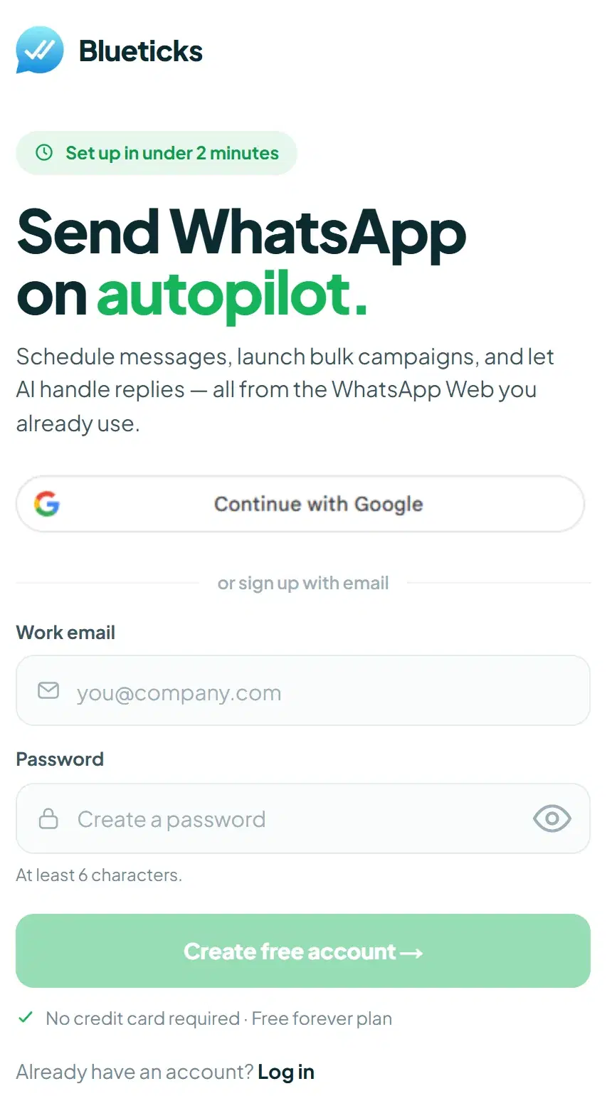 The Blueticks sign-up form with Continue with Google, Work email, Password and Create free account