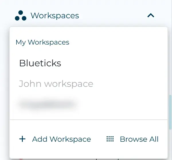 The Workspaces dropdown on the Tasks page, with My Workspaces, Add Workspace and Browse All