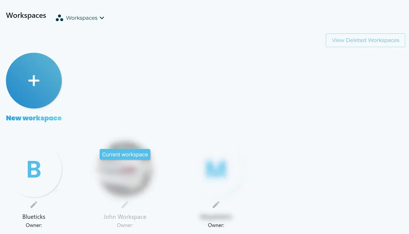 The Workspaces page with New workspace, View Deleted Workspaces and a tile for each workspace