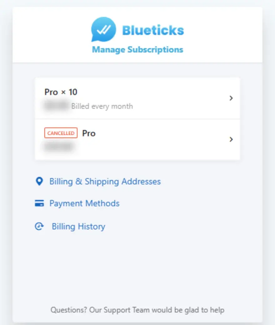 The billing portal in Admin Billing, with your subscriptions, Billing & Shipping Addresses, Payment Methods and Billing History