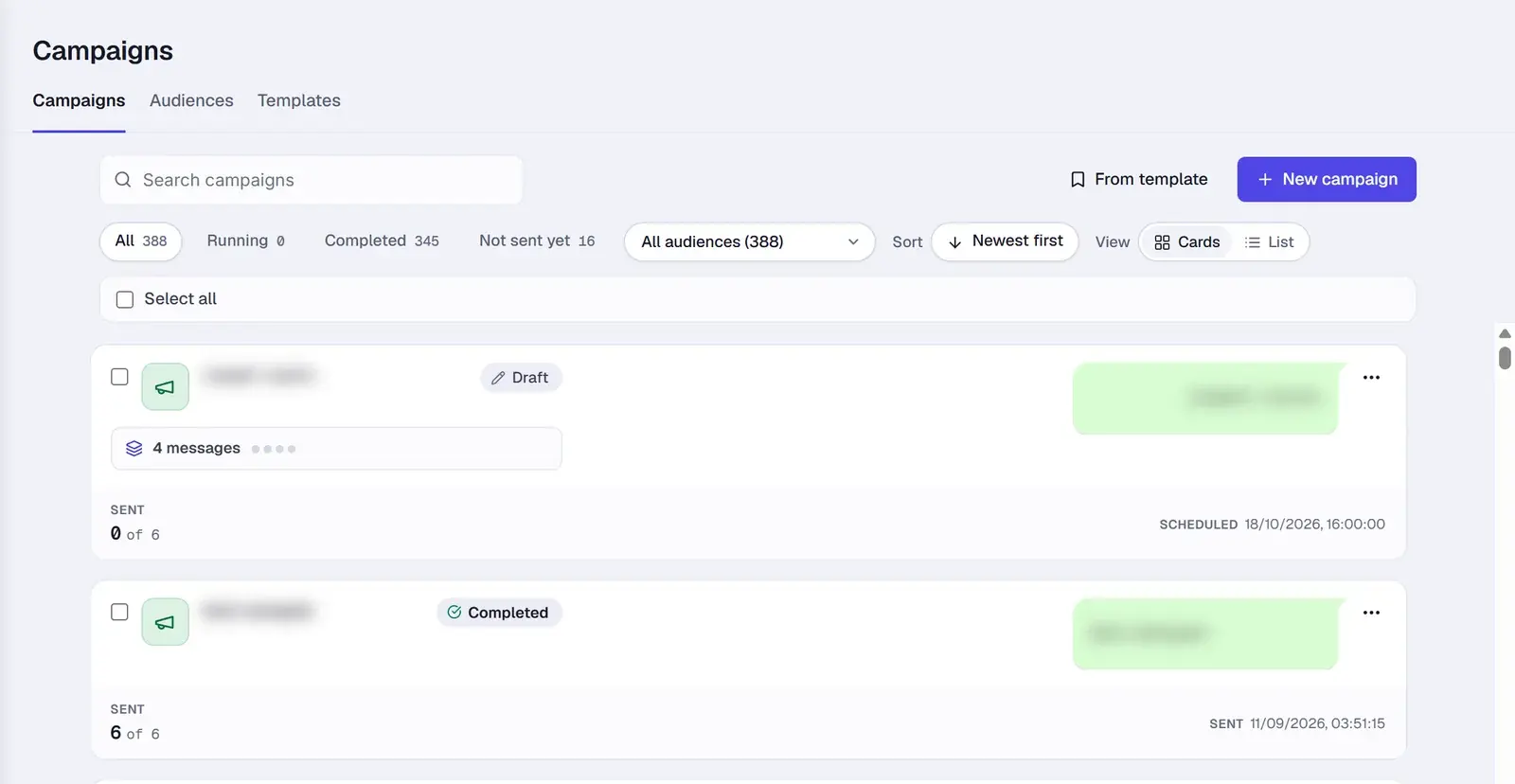 The Campaigns page with the Campaigns, Audiences and Templates tabs, From template, New campaign and the status filters