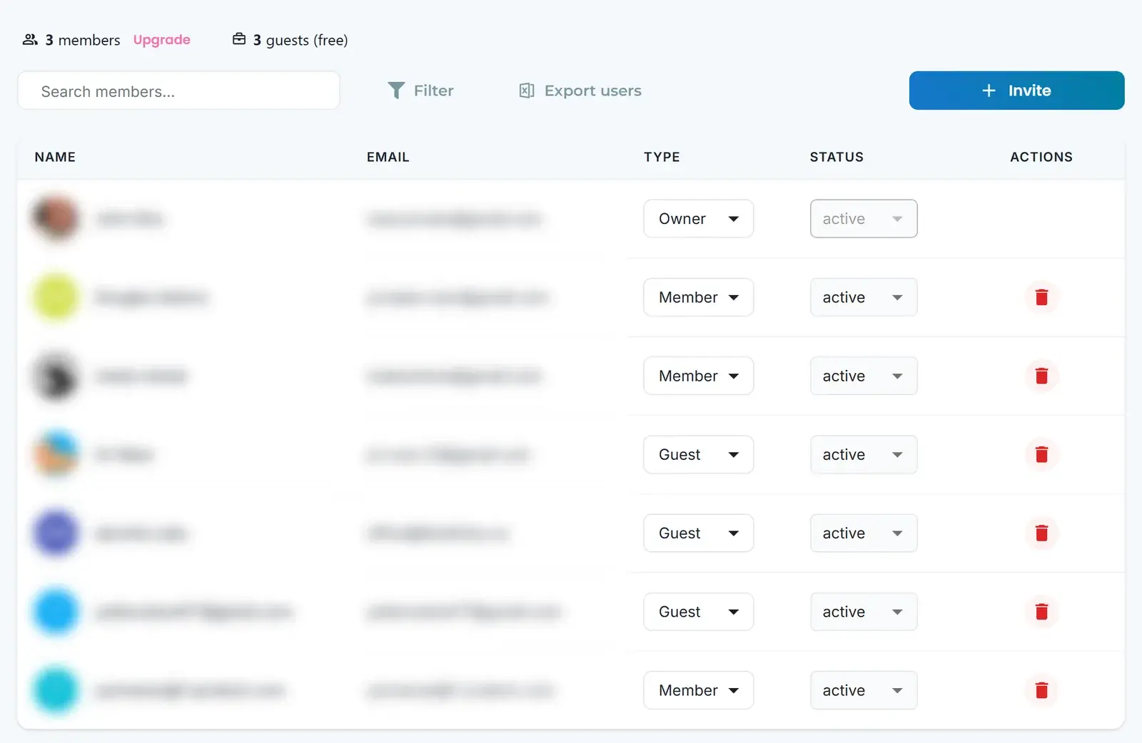The User Management page with the members and guests counts, Search members, Filter, Export users, Invite and the users table