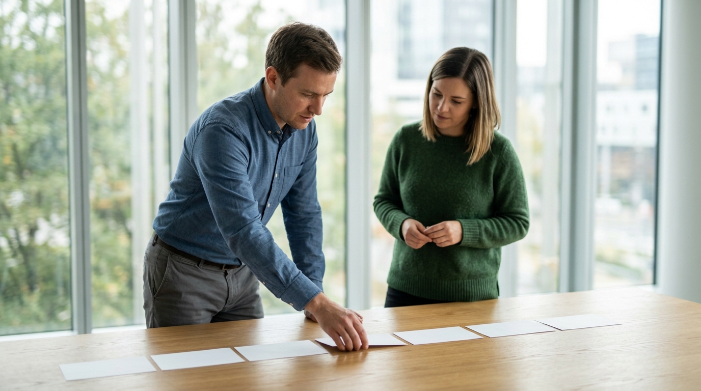 Two people planning an automation flow with blank cards on a meeting table
