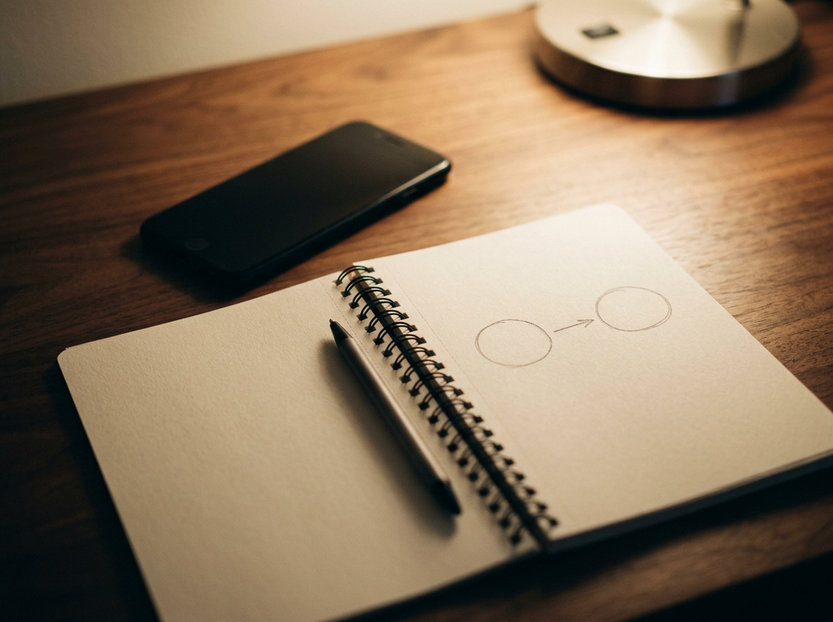 A face-down phone beside a notebook diagram, representing GPT replies on your own WhatsApp number