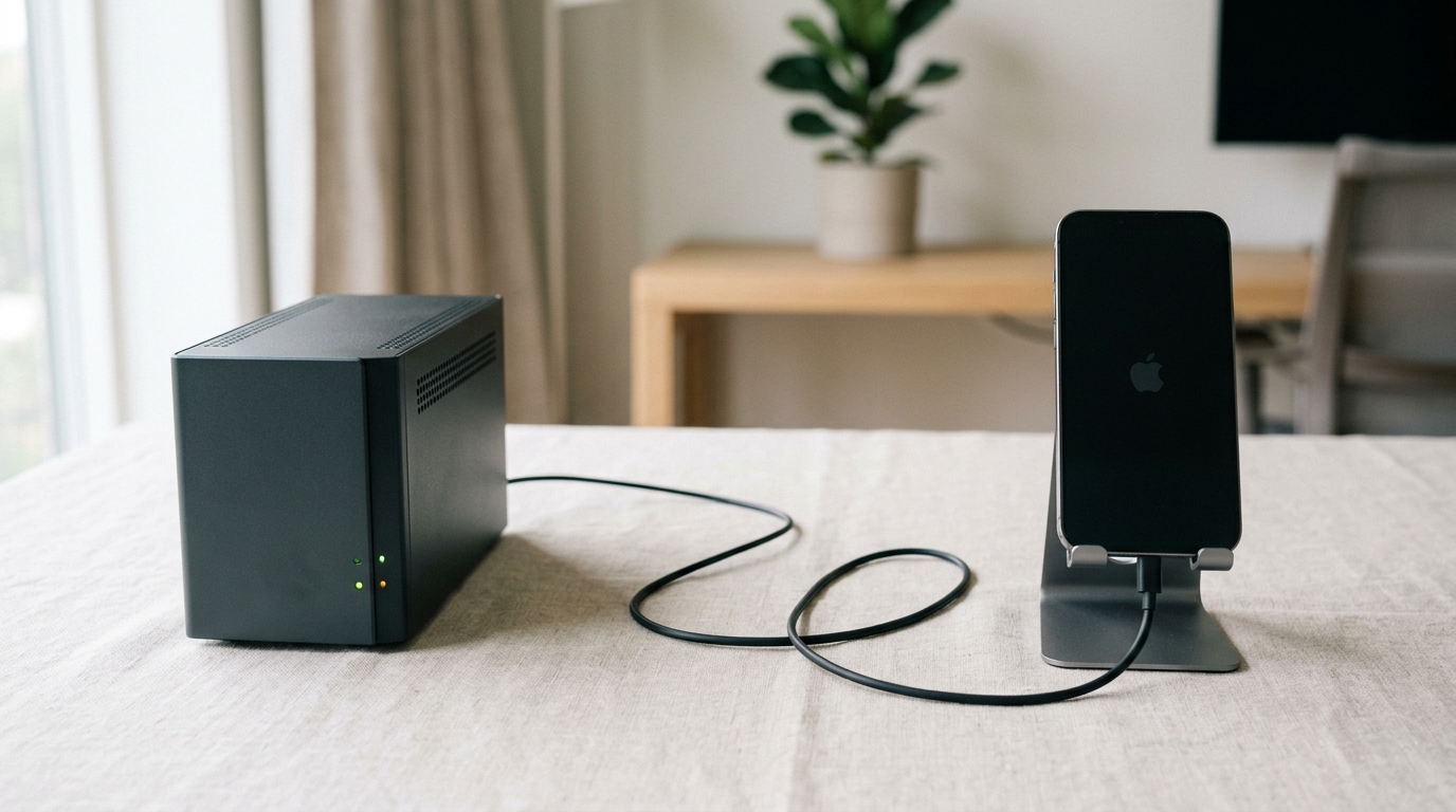 Tidy split workspace joined by one clean thread, a small server rack on one side and a phone on the other, one hosted endpoint reached from terminal and CI