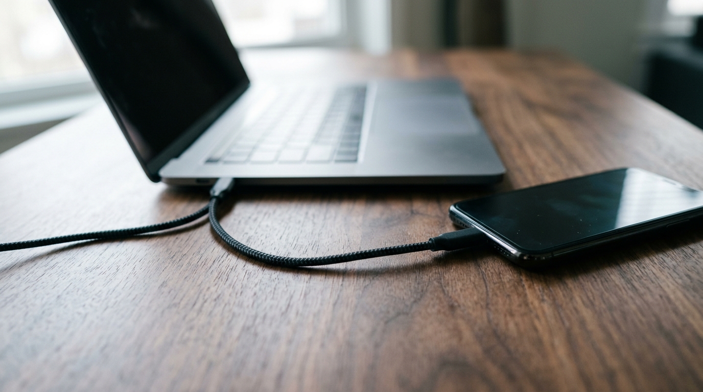 A single clean cable joining an open laptop to a phone showing a conversation on a desk, a metaphor for connecting your own Grok to your own WhatsApp number