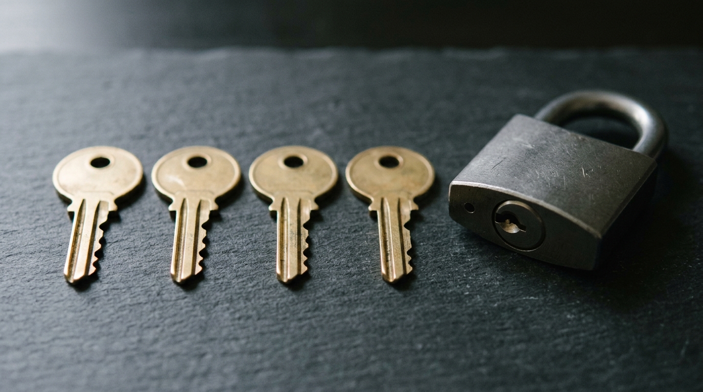 Four identical brass keys resting beside one keyhole, a metaphor for swapping Grok, ChatGPT, Claude, or Gemini into one WhatsApp connector
