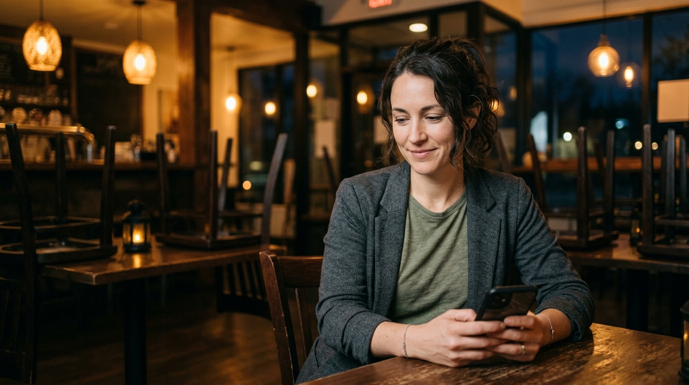 Small business owner using a smartphone at a quiet cafe after closing hours
