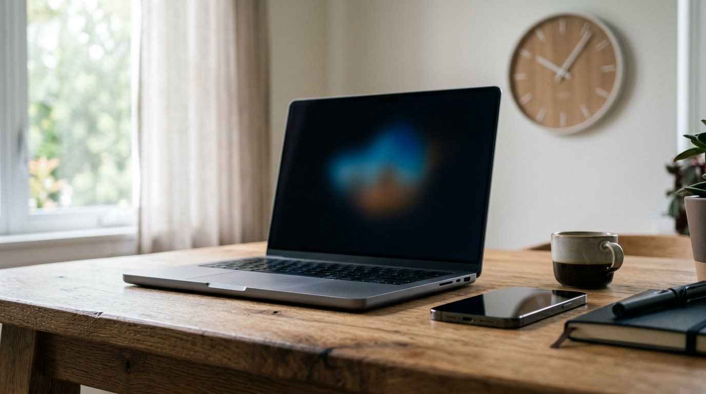Modern desk workspace with laptop and smartphone ready for scheduling WhatsApp messages