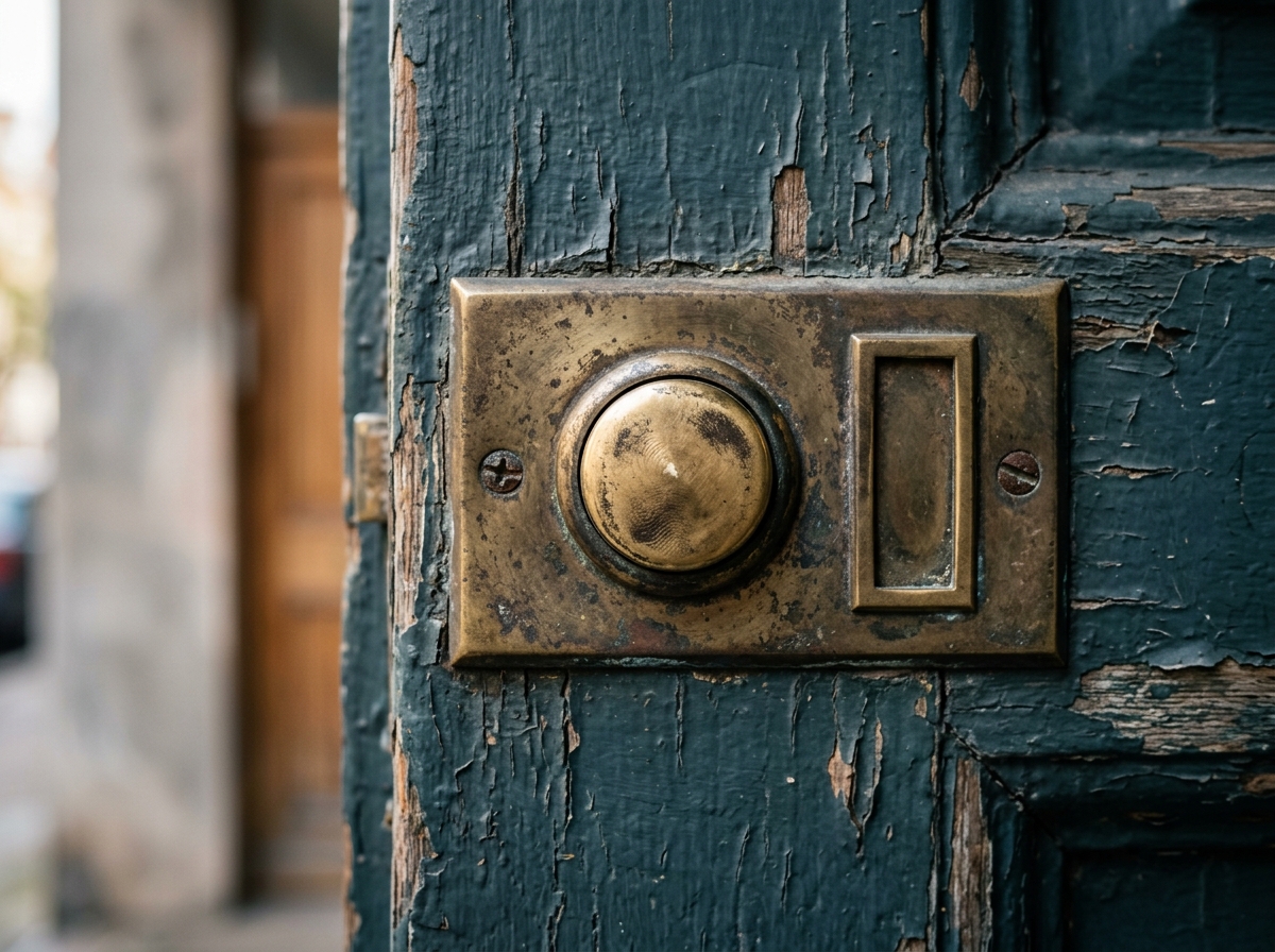 A tarnished brass doorbell button on a weathered door frame, its nameplate slot empty