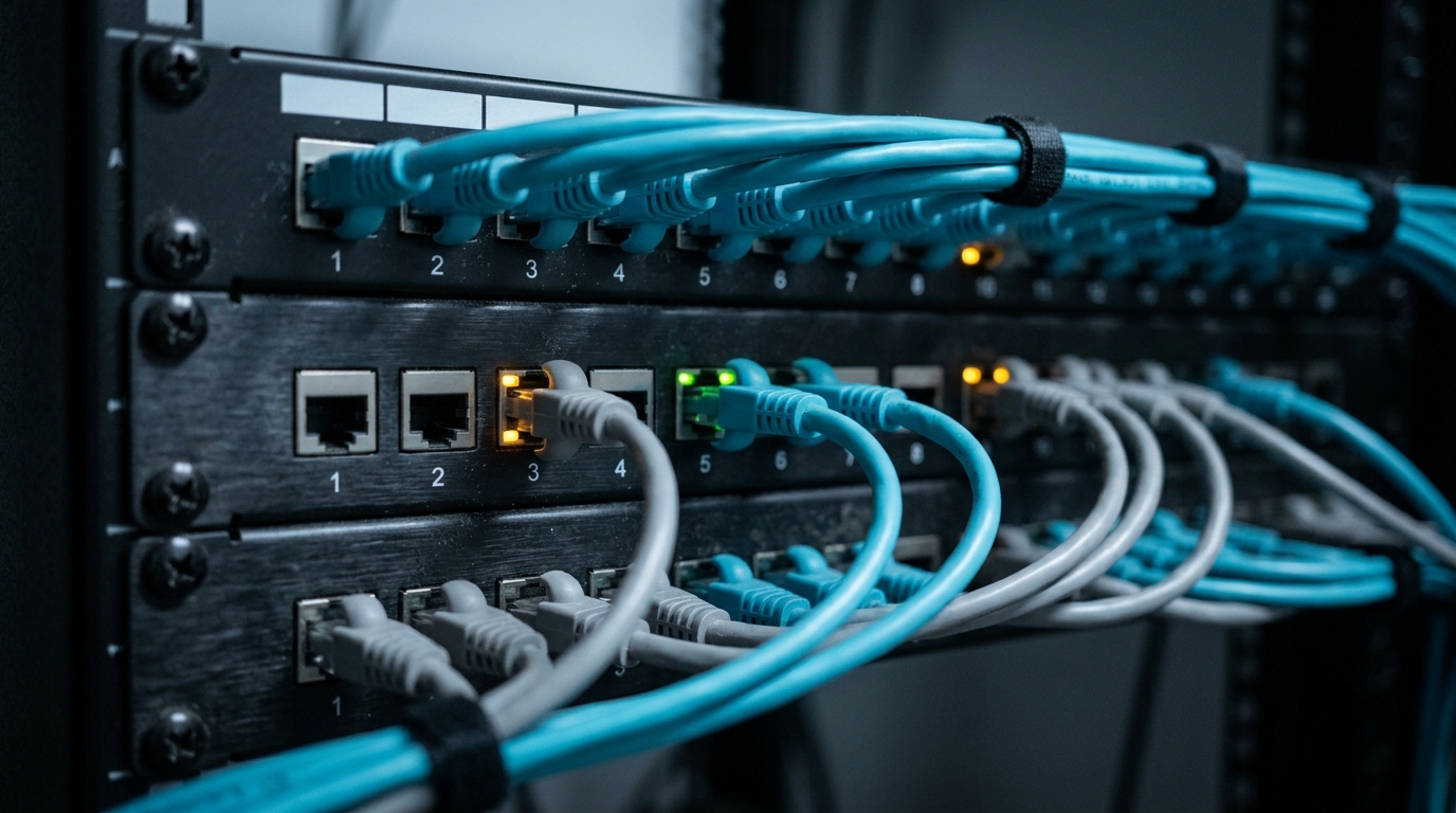 Close-up of a network patch panel with amber and green link lights, some lit and most dark