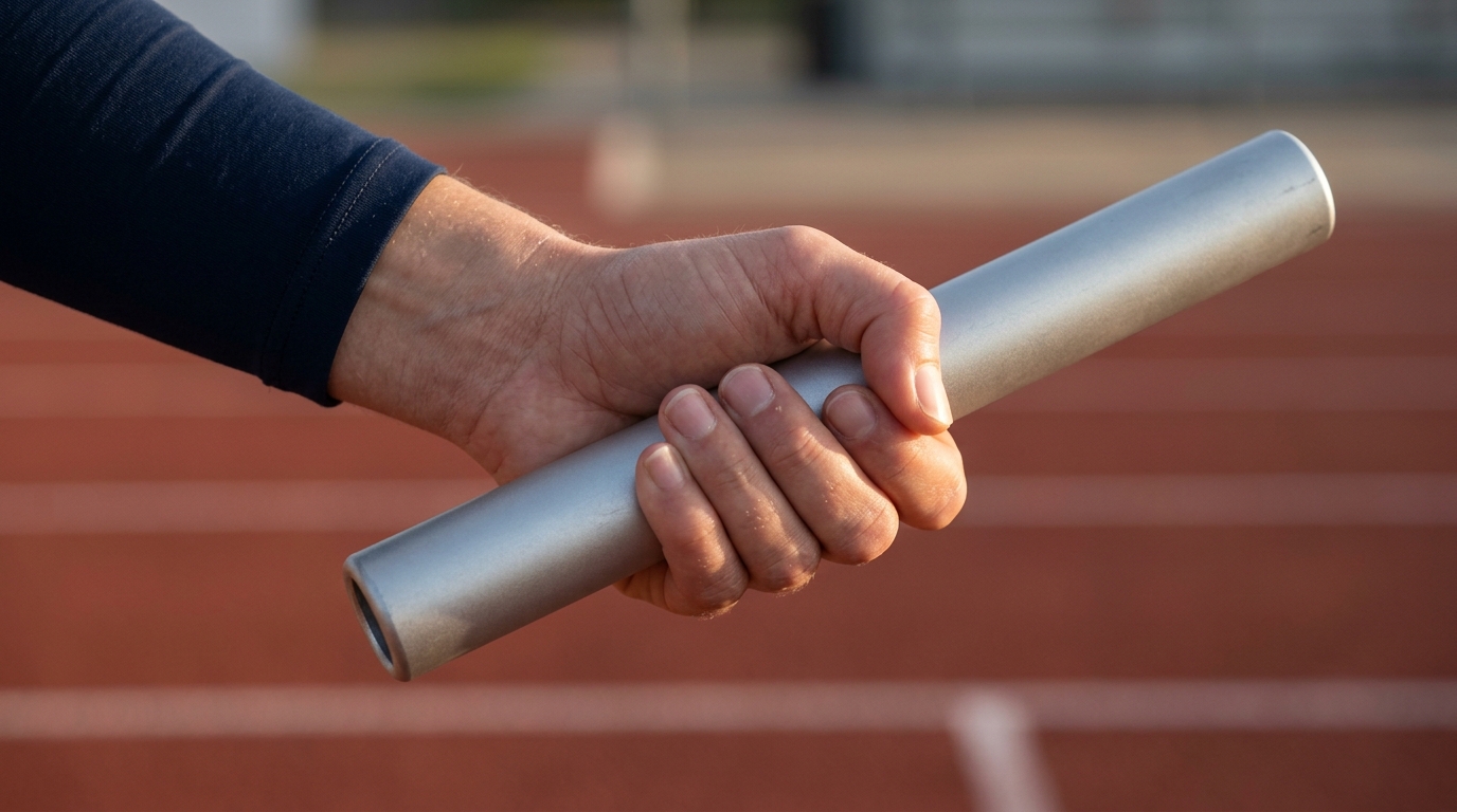 A single runner's hand gripping a plain unmarked relay baton on a running track