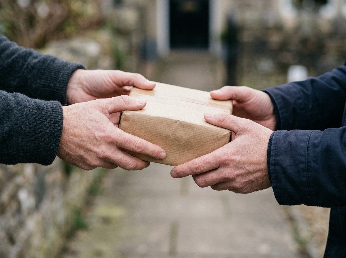 Two pairs of hands exchanging a plain unmarked kraft-paper parcel in daylight
