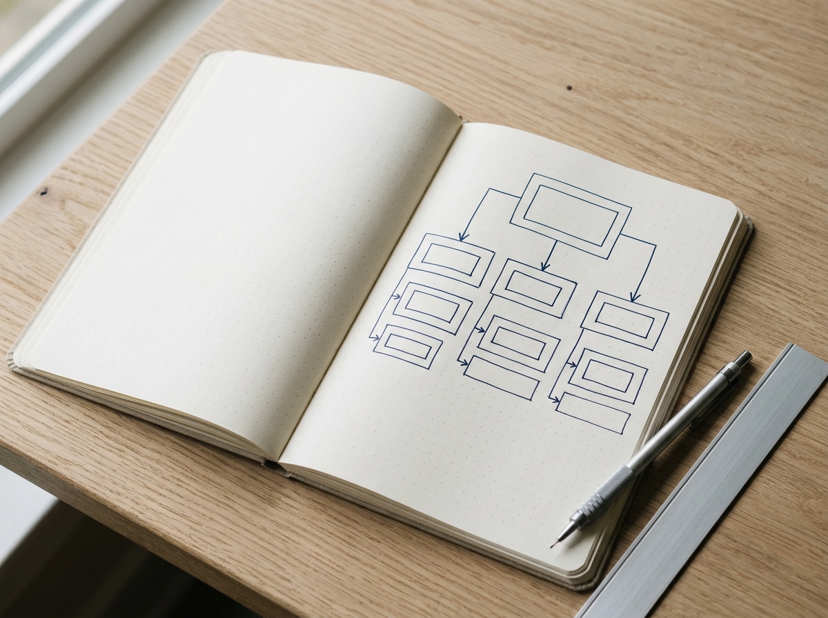 Handwritten notebook page with a boxed diagram beside a mechanical pencil on a wooden desk