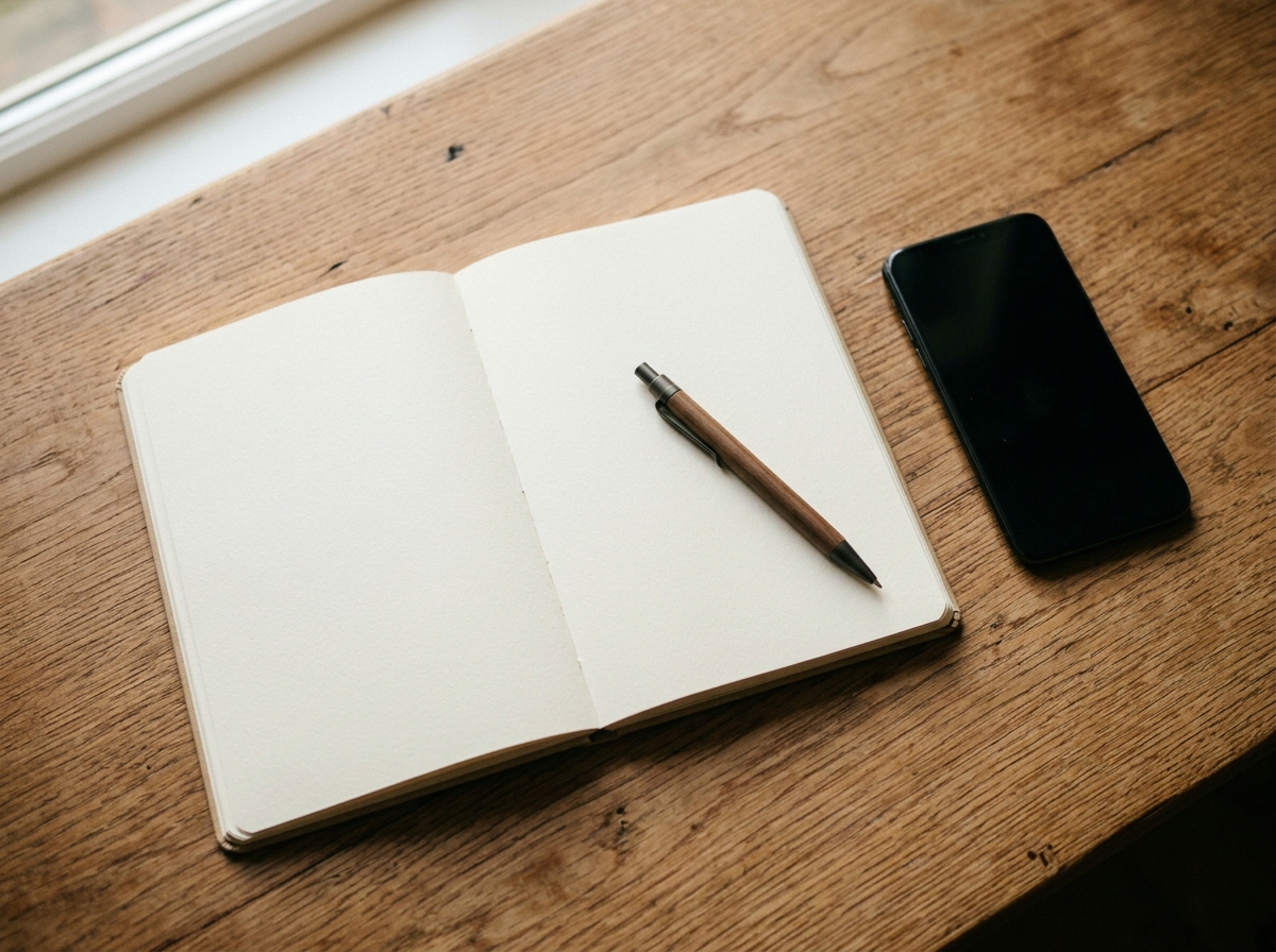 A paper checklist beside a face-down phone on a wooden table, confirming WhatsApp message delivery