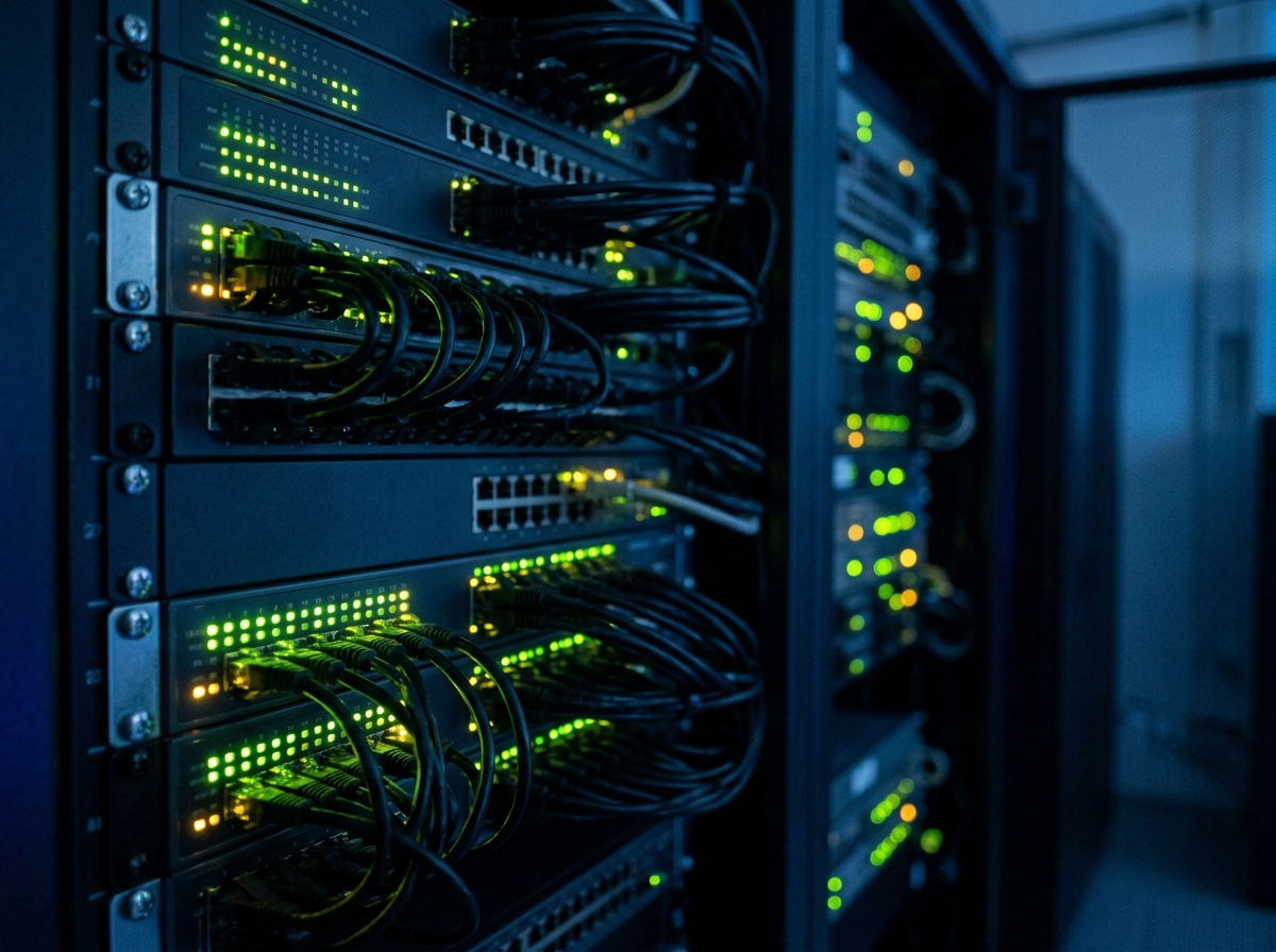 Server rack status lights at night behind the queued Spring Boot WhatsApp worker