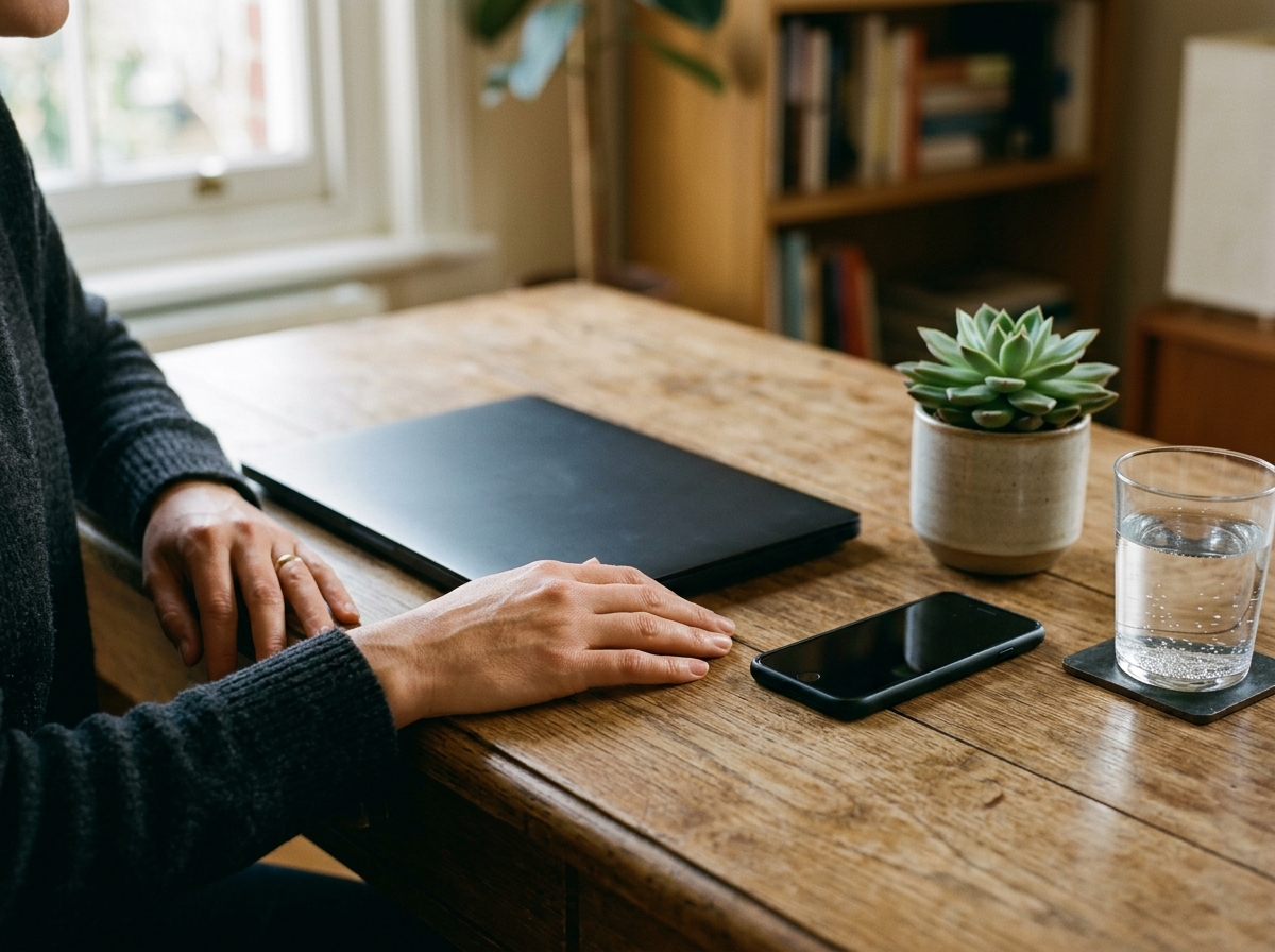 Hands resting beside a closed laptop and a phone, confirming a first WhatsApp send from a Laravel app