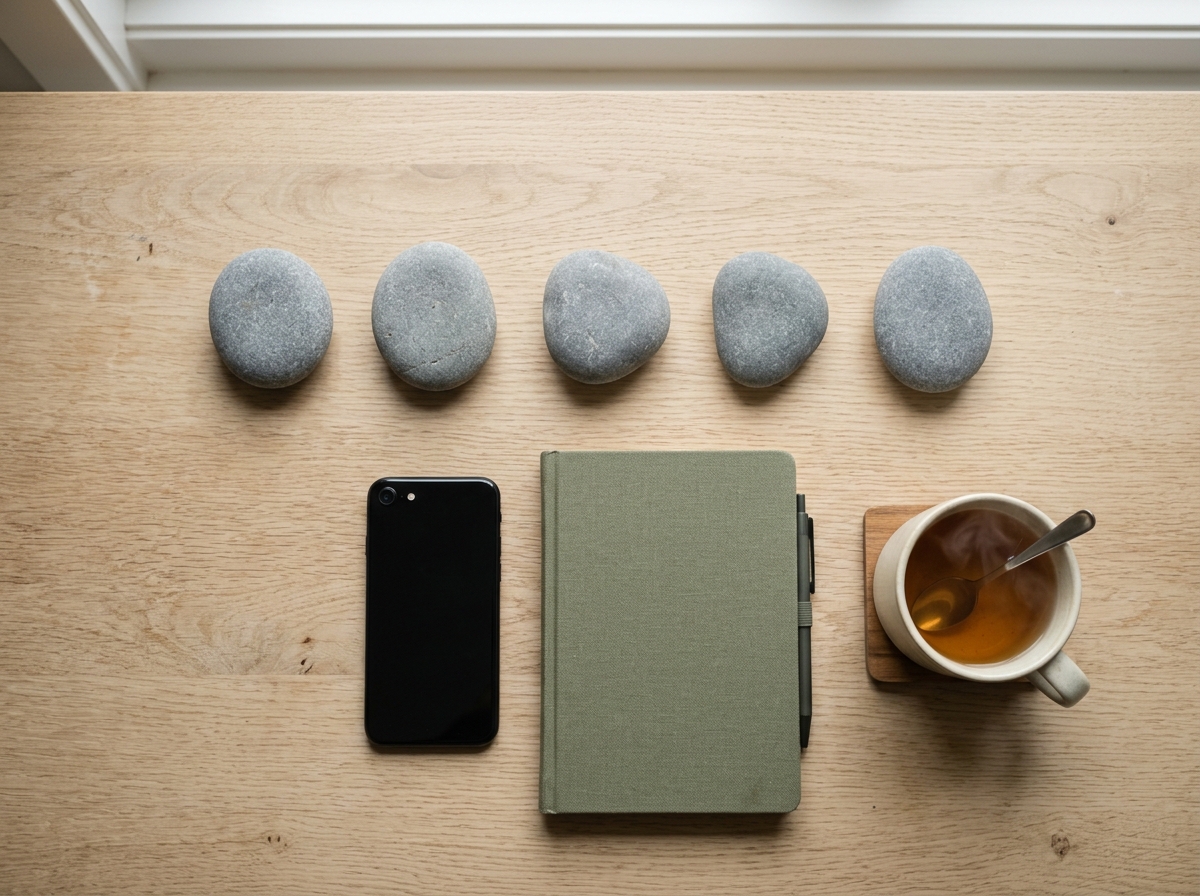 A neat row of evenly spaced smooth stones on a desk beside a phone, representing paced, consent-first WhatsApp sends
