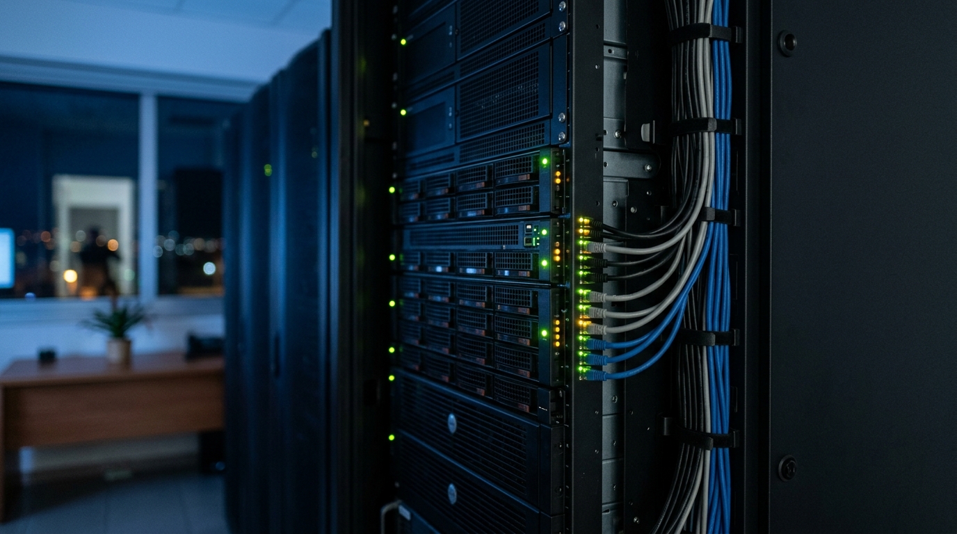 Server rack status lights at night representing Laravel queue workers draining a WhatsApp send backlog