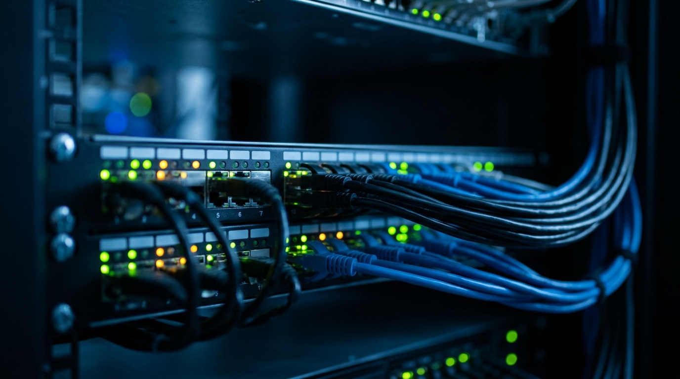 Server rack status lights at night, the queue workers behind a Laravel WhatsApp job