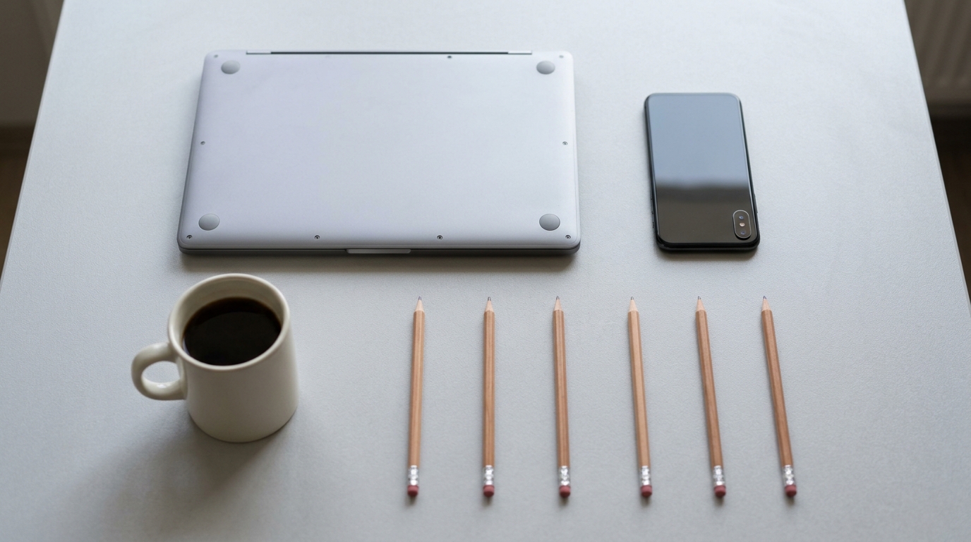 A tidy flat-lay with a closed laptop, a face-down phone, coffee, and one neat evenly-spaced row of identical pencils, an orderly Rust send workflow