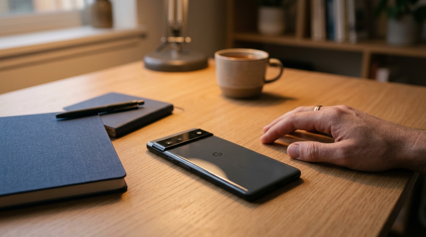 A smartphone face-down on a calm wooden desk beside a hand and a closed notebook, a WhatsApp send confirmed from a Rust workflow