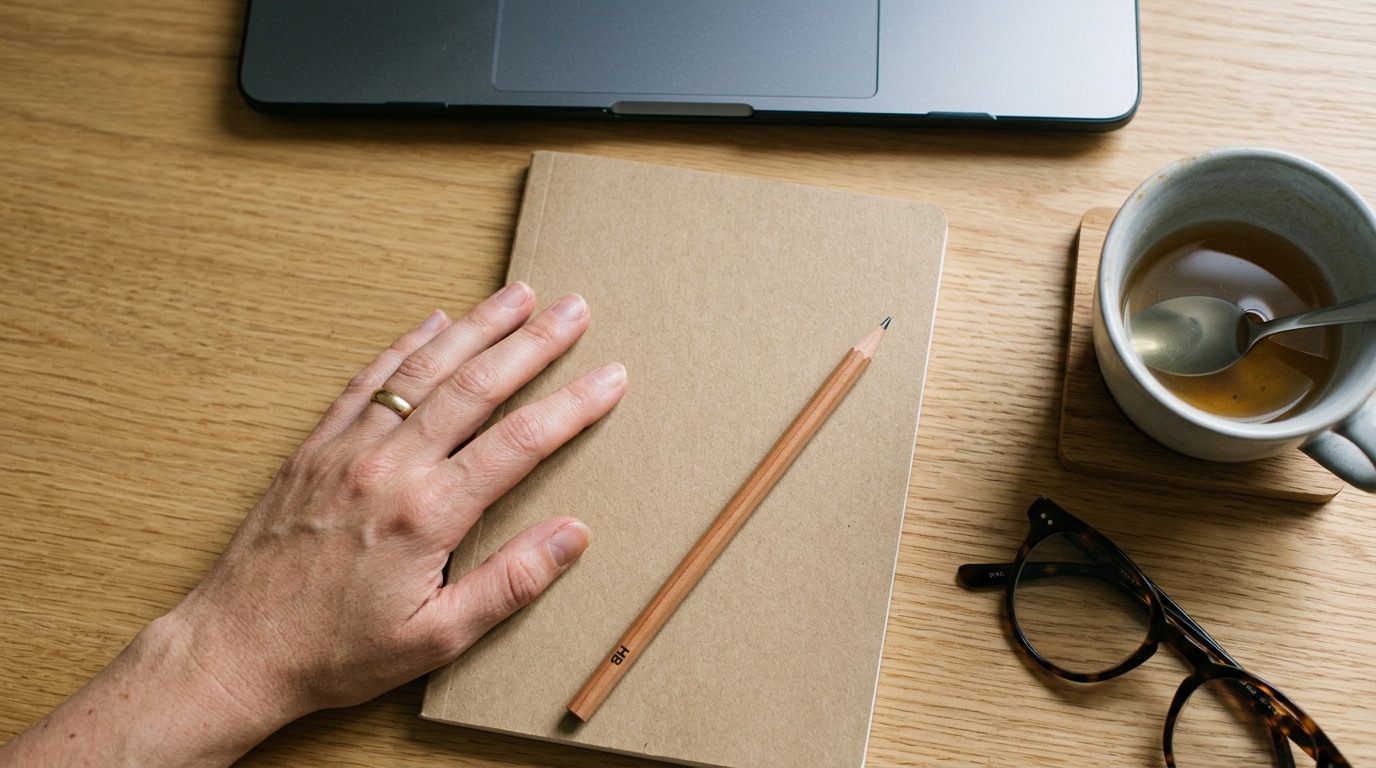 A hand resting on a closed notebook and pencil beside a closed dark laptop, tea and reading glasses