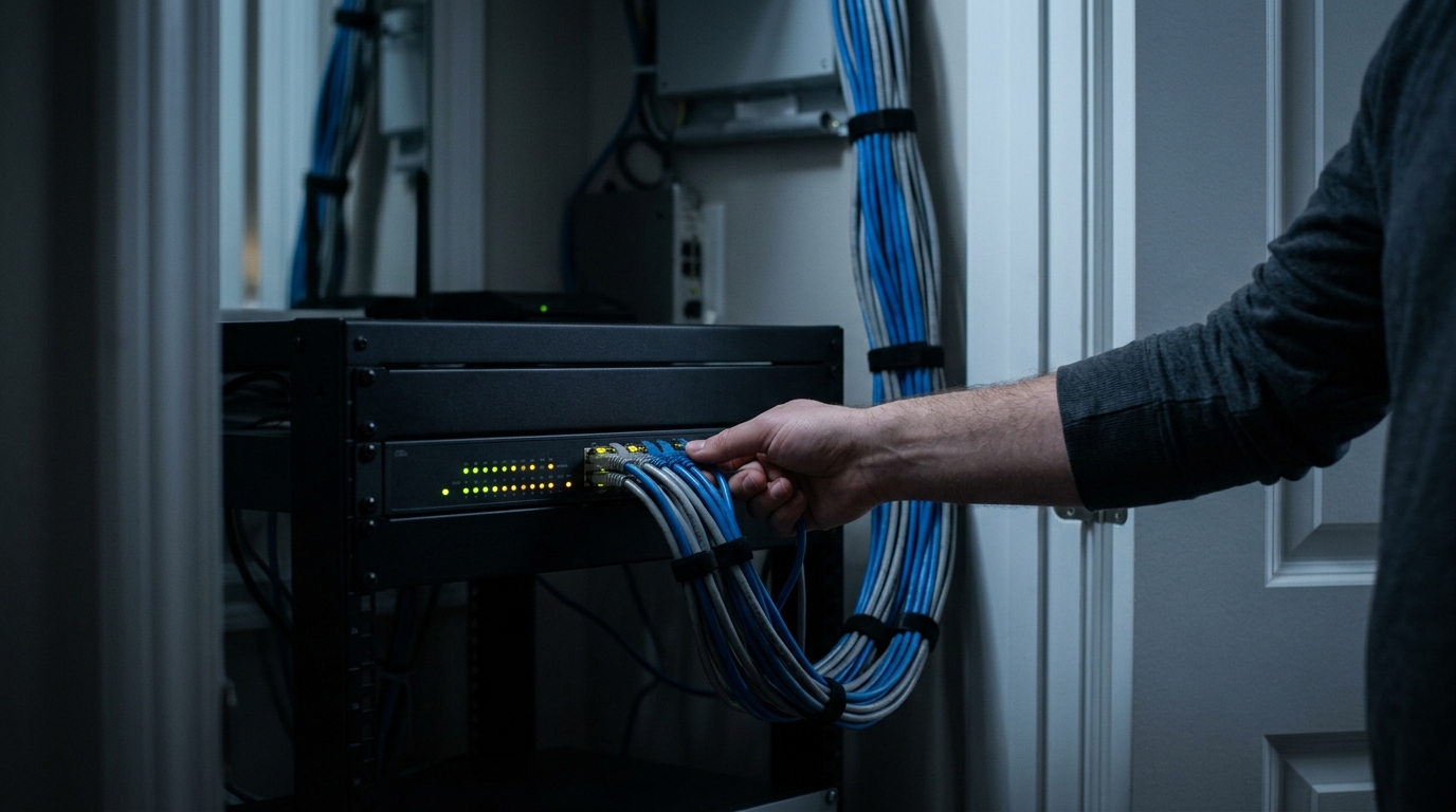 Network rack status LEDs at night, the always-on side of a production WhatsApp bot