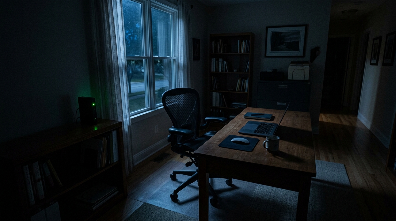 A dark home office at night with a closed laptop, showing why an always-on WhatsApp session matters