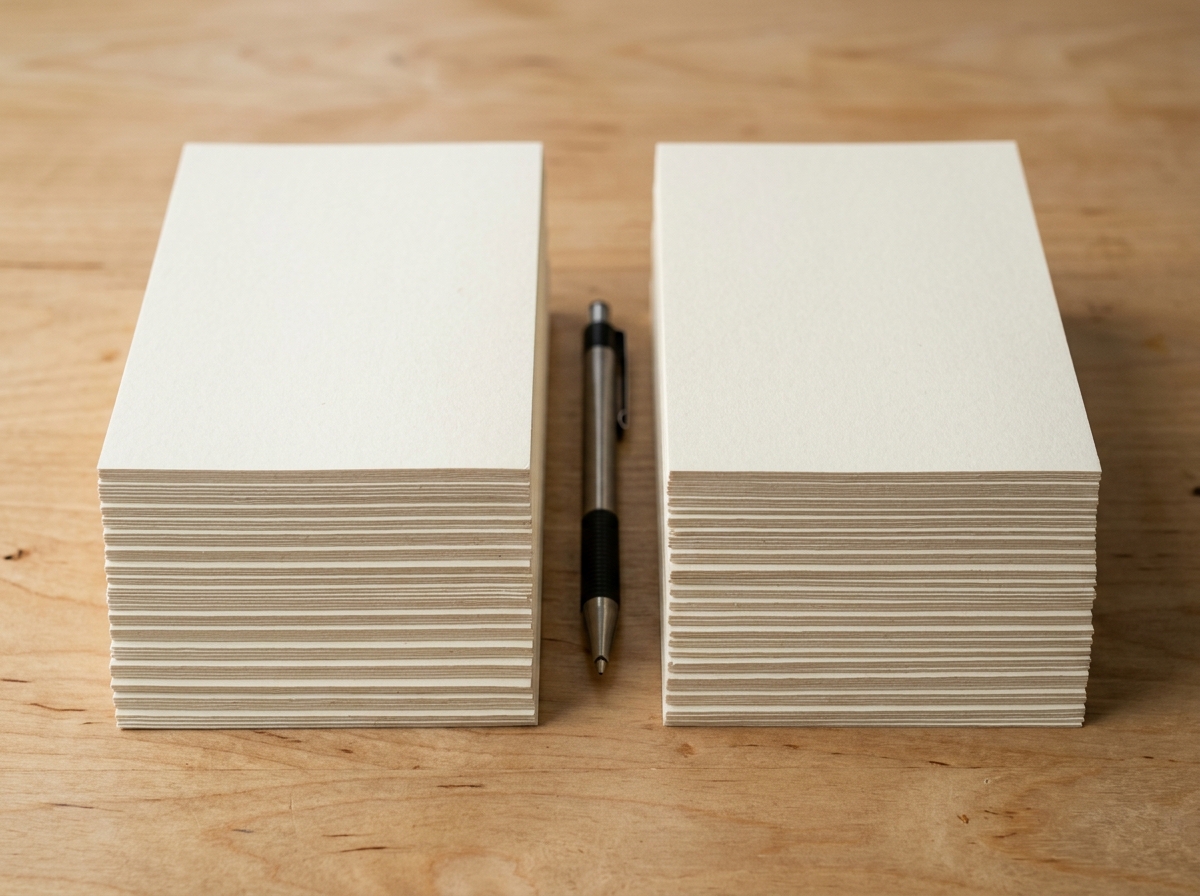 Two neat side-by-side stacks of blank cards evoking each WhatsApp MCP tool's capability and its limit