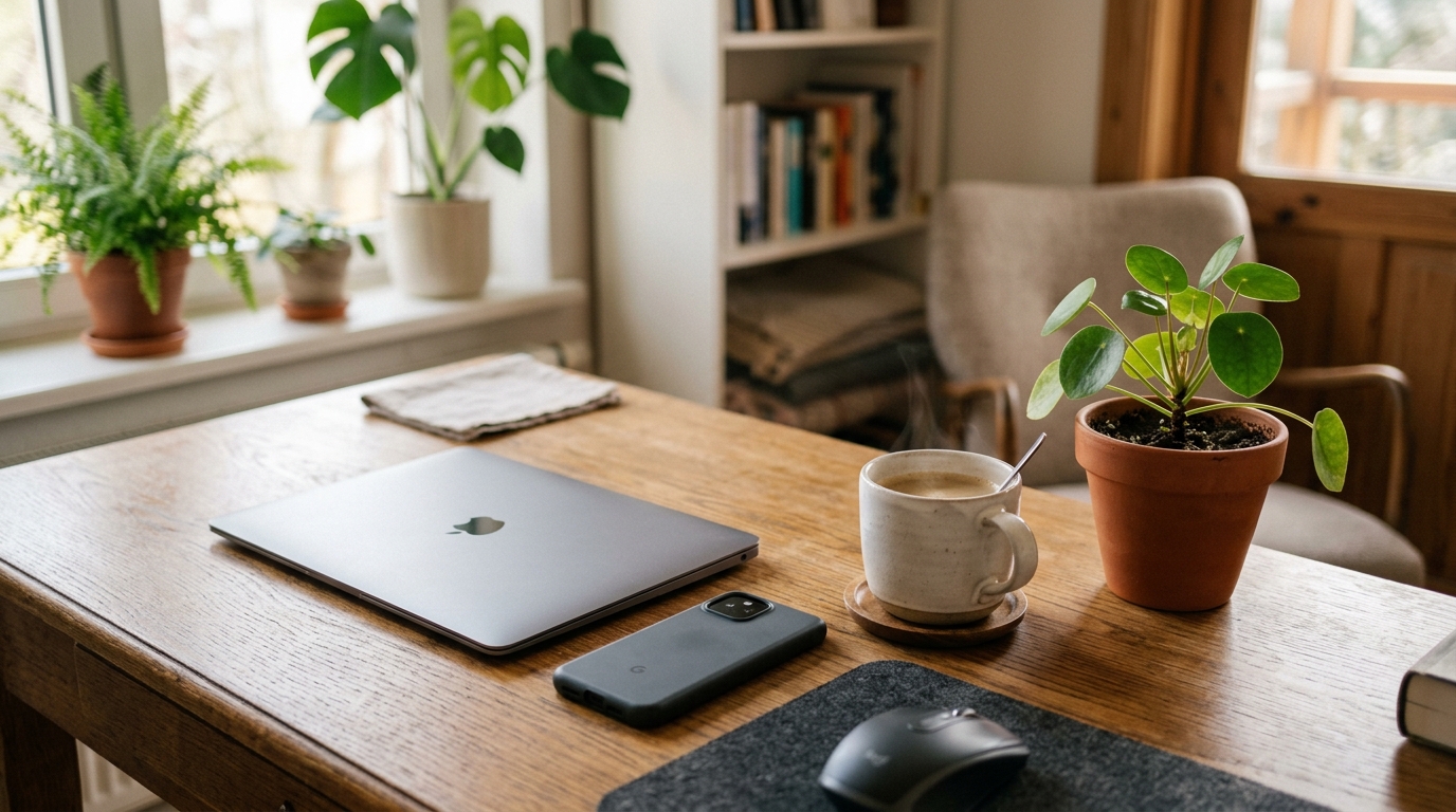 A laptop and a face-down phone on a morning desk, the choice of AI client for WhatsApp MCP server tools