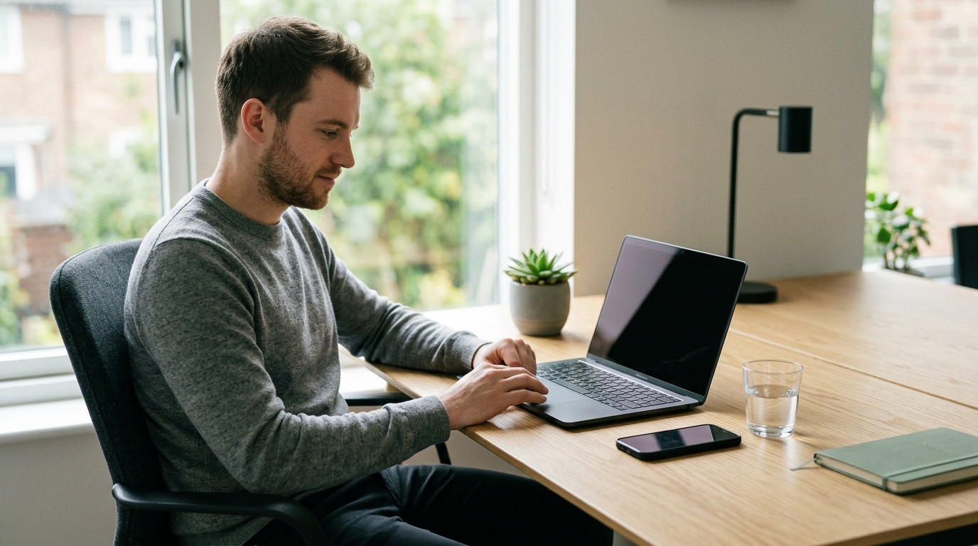 Web developer testing a site at a tidy desk with an angled-shut laptop and a phone face-down nearby