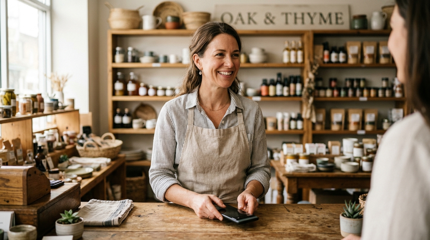 Small shop owner behind a counter holding a phone face-down, products softly blurred behind