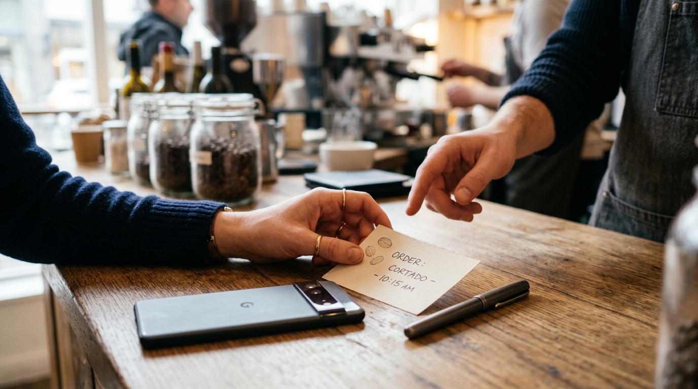 Customer at a cafe counter giving their phone number to sign up, phone face-down on the wood surface