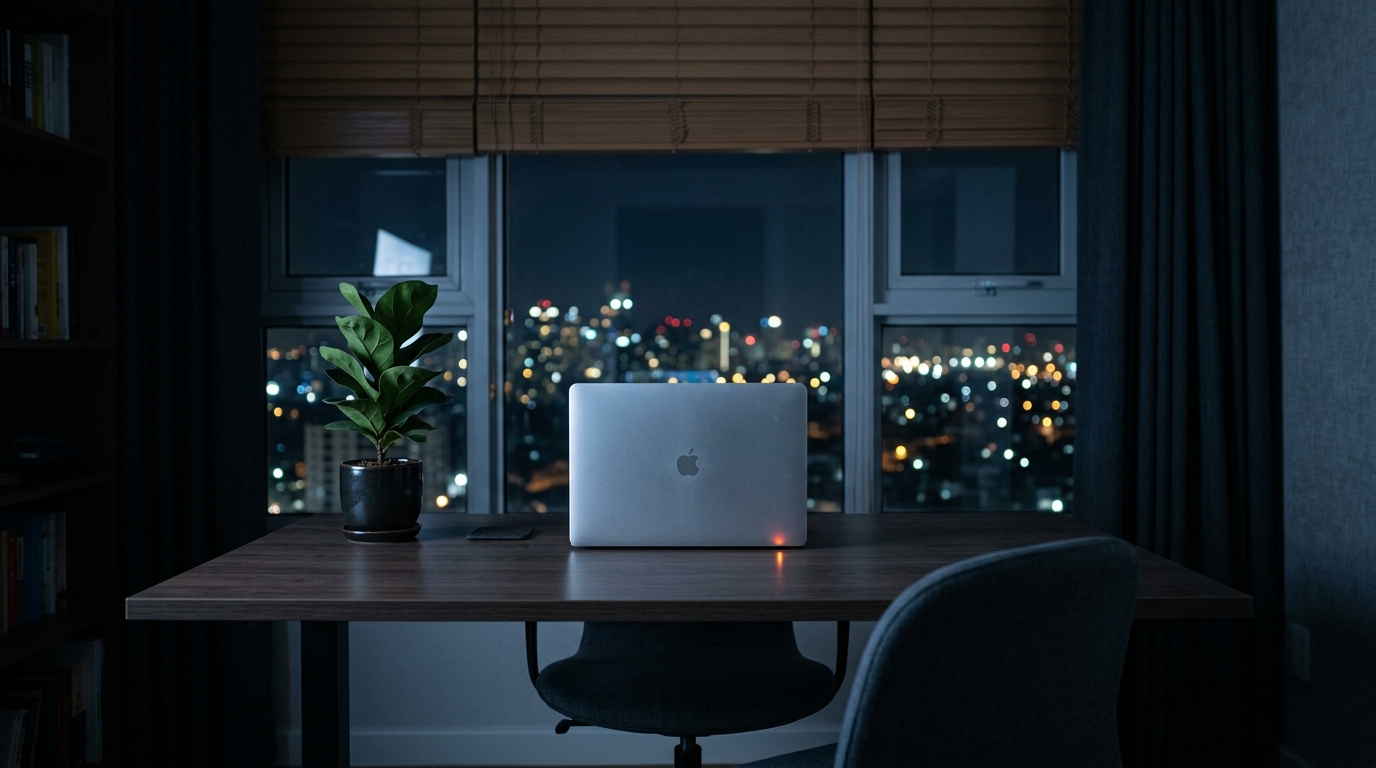 Closed laptop on an empty desk at night while the scheduled WhatsApp message sends without you