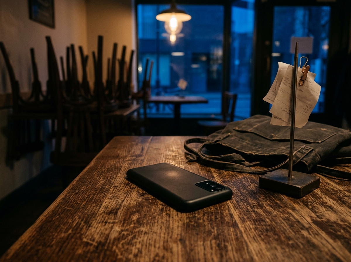 Phone face-down on a cafe table after closing, the moment an auto-reply fires instead of a scheduled send